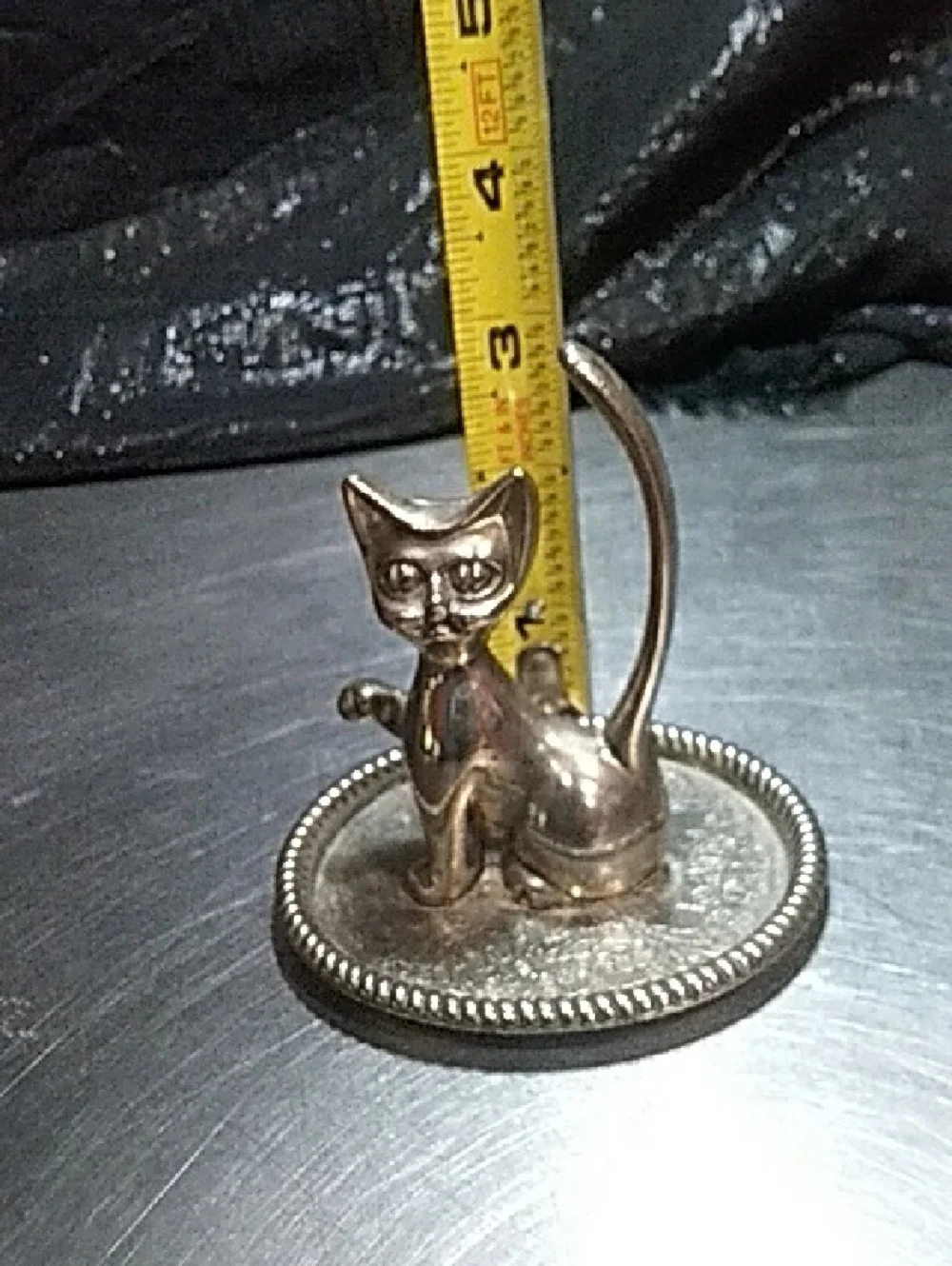Silver Cat Ring Holder Jewelry Dish - Silver Cat Figurine